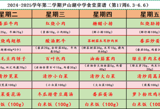 2024-2025学年第二学期尹山湖中学食堂菜谱（第17周6.3-6.6）			