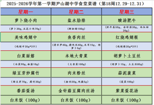 "2025-2026学年第一学期尹山湖中学食堂菜谱（第18周12.29-12.31）     "		