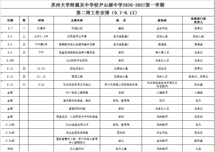 苏州大学附属吴中学校尹山湖中学2026-2027学年第一学期第二周工作安排